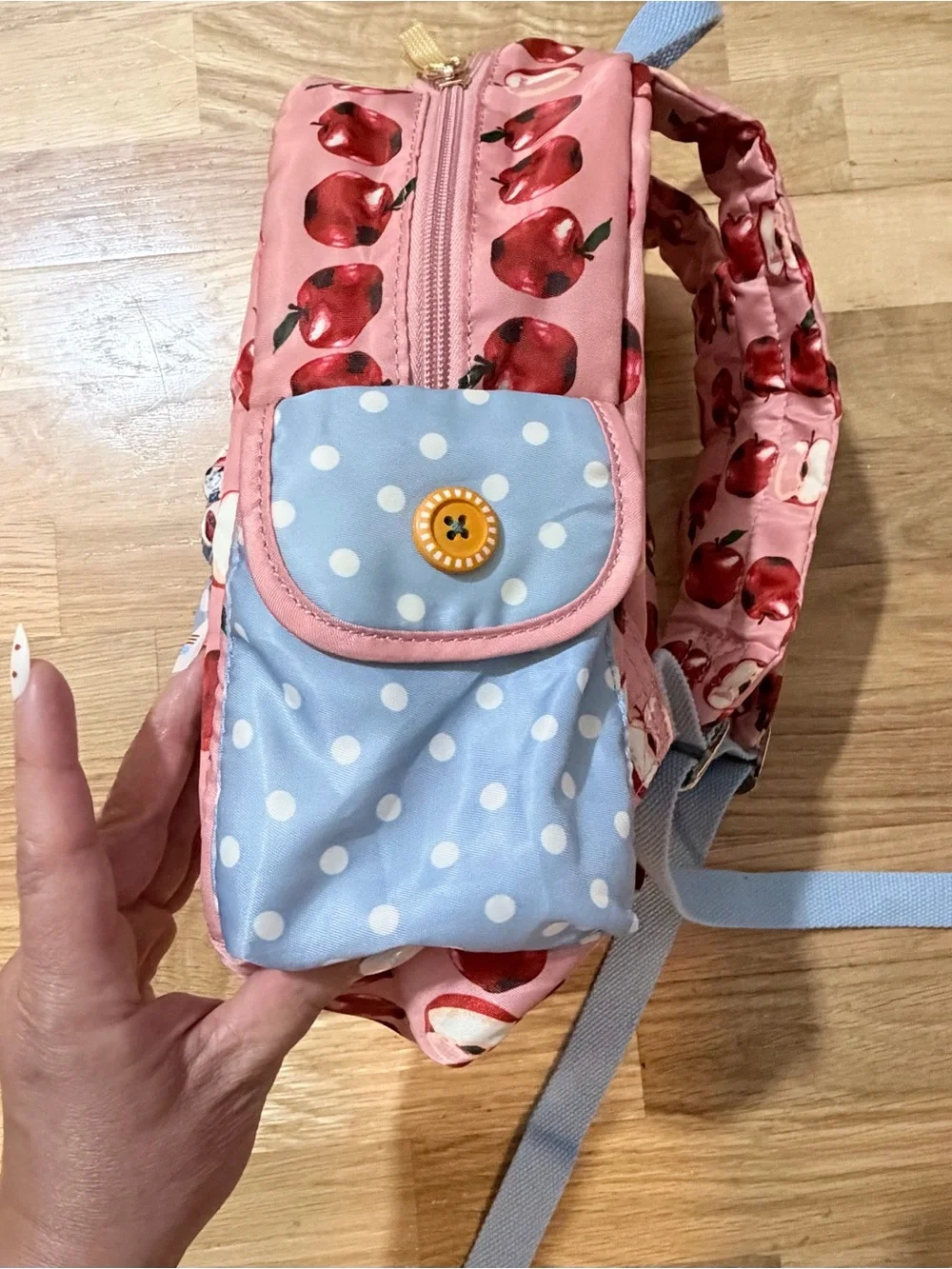 Matilda Jane Pink Apple Print Kids Backpack with Blue Accents